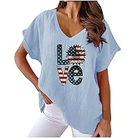 Love Sunflower T-Shirt for Women American Flag Shirts Summer Cotton Linen Tops Short Sleeve V Neck Loose Fit Blouse