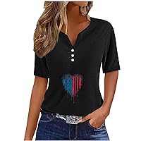 American Flag Button Tops for Women 2024 Summer Trendy Casual Independence Day Shirt V Neck Short Sleeve Blouses Love Shirts