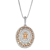 Oval Filigree Pendant with White and Brown Diamonds (1/7 CTTW), Rhodium and Rose Gold Plated Sterling Silver, 18-Inch Chain Necklace for Women and Girls