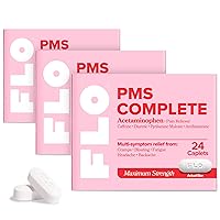 FLO PMS Complete Tablets, Menstrual Pain Relief for Women, 24 Count (3 Pack) - Multi-Symptom Pain Reliever with Acetaminophen, Caffeine, & Pyrilamine Maleate for Cramps, Headaches, Backaches, Bloating