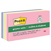Post-it Greener Notes, 3x5 in, 5 Pads, America's #1 Favorite Sticky Notes, Helsinki Collection, Pastel Colors (Pink, Blue, Mint, Yellow), Clean Removal, 100% Recycled Material (655-RP-A)