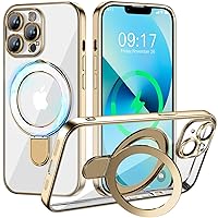 Magnetic for iPhone 13 Case with Invisible Stand[Compatible with MagSafe][Full Camera Lens Protector][Military Drop Protection] Shockproof Not Yellowing Clear Soft Slim for Women Men, Gold