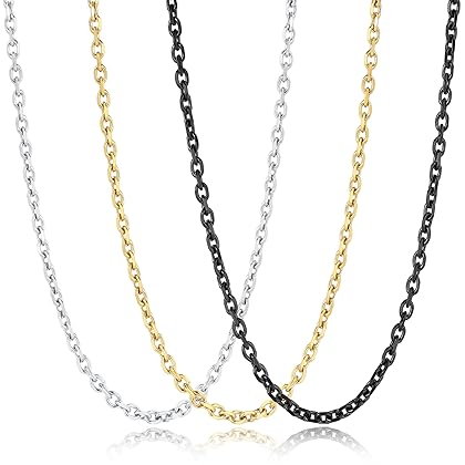 3 Pcs Stainless Steel Chain Necklaces for Men & Women, Silver Gold Black Cable Link Rolo Necklace Boys Fashion Jewelry Gifts, 3.5 MM 16-32 Inch