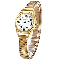 Big Dial Elastic Watches: Expansion Band Arabic Numeral Scale Large Numbers Easy Reading Analog Quartz - Women's Watches White Dial Gold Strap