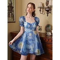 Women's Dress Allover Print Puff Sleeve A-line Dress Dress for Women (Color : Multicolor, Size : Large)