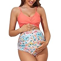 Maternity Criss Cross Bikini Swimsuits High Waist String Floral Bathing Suit Two Piece Pregnancy Swimwear