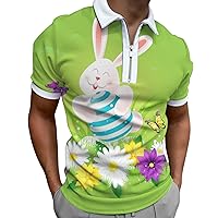 Mens Easter Bunny Polo Shirts Funny 3D Graphic Egg Hunt Short Sleeve Polo T-Shirts Fashion Quarter Zip Collared Golf Tee Tops