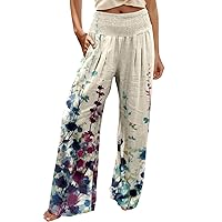 Women Casual High Waist Elastic Waist Wide Leg Pants Printed Loose Wide Leg Trousers