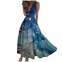 Flowy Dresses for Women,Women's Casual Long Maxi Dress Summer Sleeveless V Neck Boho Waist Beach Printed Sundresses