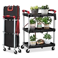 Collapsible Cart with Wheels, Service Cart, Rolling Carts with Wheels Foldable, 3 Tier Rolling Utility Cart, Folding Utility Shopping Cart for Bar, Kitchen, Office, Shopping, Garage