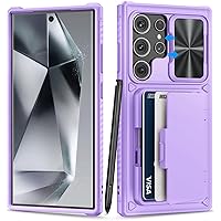 for Samsung Galaxy S24 Ultra Case with Card Holder (Store 4-5 Cards) & Slide Lens Cover & Kickstand, Military Grade Drop Protection, Rugged Silicone Wallet Case for Galaxy S24 Ultra 2024, Purple