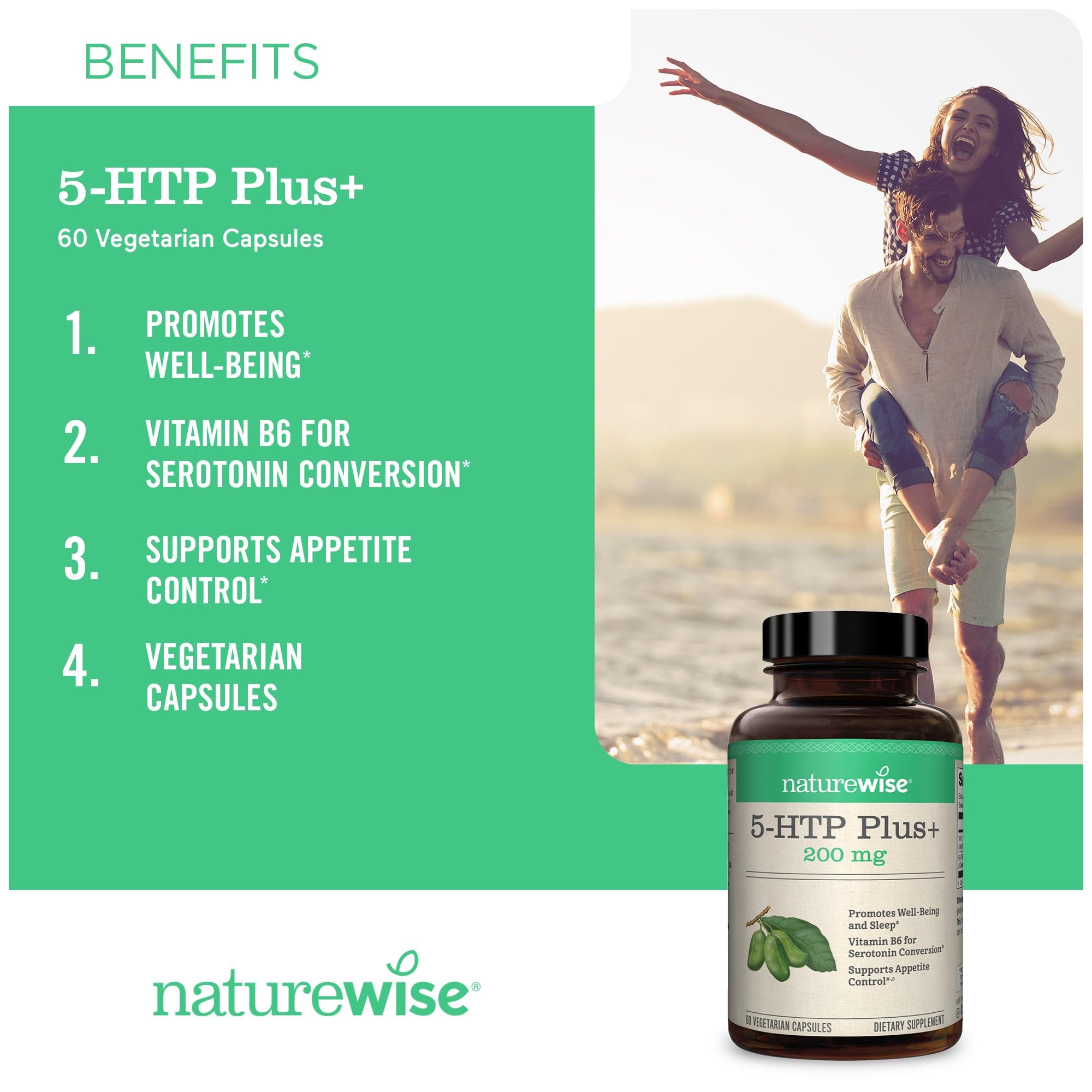 NatureWise 5-HTP 200Mg Mood Support, Natural Sleep Aid helps promote healthy eating habits, Easy-to-Digest Delayed Release Capsules Enhanced w/ Vitamin B6, Non-GMO (2 Month Supply - 60 Count)