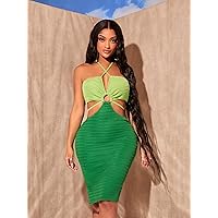 Dresses for Women Dress Women's Dress Two Tone Ring Linked Cut Out Tie Backless Halter Bodycon Dress Dress