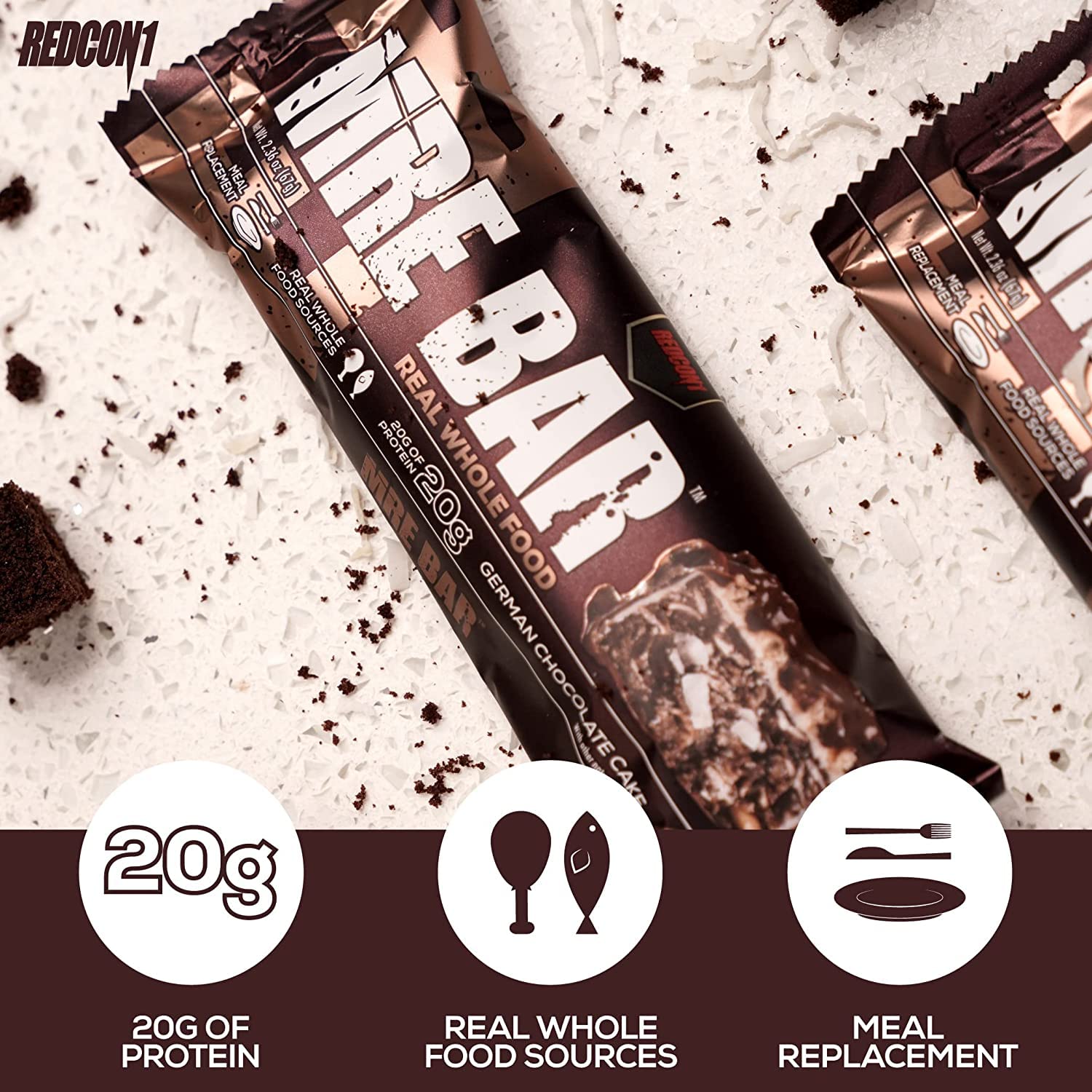 REDCON1 MRE Protein Bar, German Chocolate Cake - Contains MCT Oil + 20g of Whole Food Protein - Easily Digestible, Macro Balanced Low Sugar Meal Replacement Bar (12 Bars)