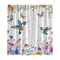 Hummingbird Floral Shower Curtain Rustic Spring Colorful Flower Green Leaves Butterfly Boho Botanical Bright Watercolor Wildflower Decor Fabric Bath Curtain with Hooks