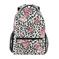 ALAZA Pink Rose Flower Leopard Cheetah Print Backpack Purse with Multiple Pockets Name Card Personalized Travel Laptop School Book Bag, Size M/16.9 inch