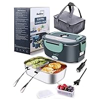 Buddew Electric Lunch Box 80W Food Heater for Adults, 12/24/110V Portable Lunch Warmer Upgraded Heated Lunch Box for Car/Truck/Office with SS Fork&Spoon and Insulated Carry Bag (Green)