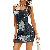 Cute Space Bunny Women's Sexy Bodycon Dress Spaghetti Strap Mini Dresses Sleeveless Club Dress