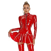 YiZYiF Women Wet Look Leather High Neck Zip Up Front Skater Mini Flared Dress Club Wear Party Dresses