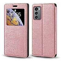 LG Wing 5G Case, Wood Grain Leather Case with Card Holder and Window, Magnetic Flip Cover for LG Wing 5G Rose Gold