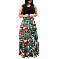 Women's Bohemian Beach Flowy Round Neck Trendy Dress Casual Summer Swing Foral Print Hawai Sleeveless Long Floor Maxi Green