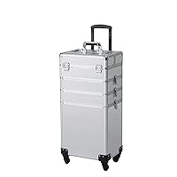 Train Cases On Wheels 4 In 1 Rolling Travel Cosmetic Cases Detachable Professional Rolling Trolley Makeup Travel Case Portable Aluminum Makeup Artist Organizer Box, Silver