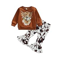 Kaipiclos Toddler Bell Bottoms Western Baby Girl Clothes Cow Print Baby Sweatshirt Pullover Top Flare Pants Fall Outfits