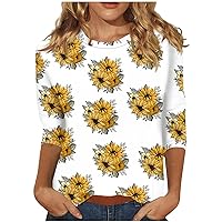 Deal of The Day Summer 3/4 Length Sleeve Tops for Women 2024 Dressy Casual Sunflower Floral Graphic T Shirts Vacation Going Out Workout Crewneck Blouses Ladies Tunic Comfy Tees Shirts