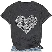 Blessed Shirts for Women Love Heart Graphic Tees Inspirational Letter Print Shirts Casual Short Sleeve Thankful Tee Tops