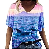 Summer Tops for Women 2023 Novelty Turtle Starfish Printed Graphic Shirts V Neck Short Sleeve Beach Blouses