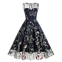 Women Keyhole Floral Embroidery Dress Sheer Mesh Illusion Vintage Cocktail Swing Dress Wedding Party Prom Tulle Evening Dress