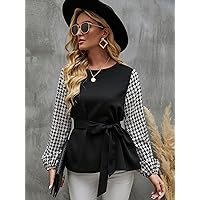 Women's Tops Women's Shirts Sexy Tops for Women Houndstooth Print Lantern Sleeve Belted Blouse (Color : Black, Size : Small)