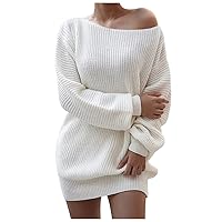 Long Sleeve Dresses for Women Fashion Casual Solid Color Loose Slanted Shoulder Stitching Knitted Dress