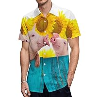 Funny Sunflowers Pigs Casual Mens Short Sleeve Shirts Slim Fit Button-Down T Shirts Beach Pocket Tops Tees