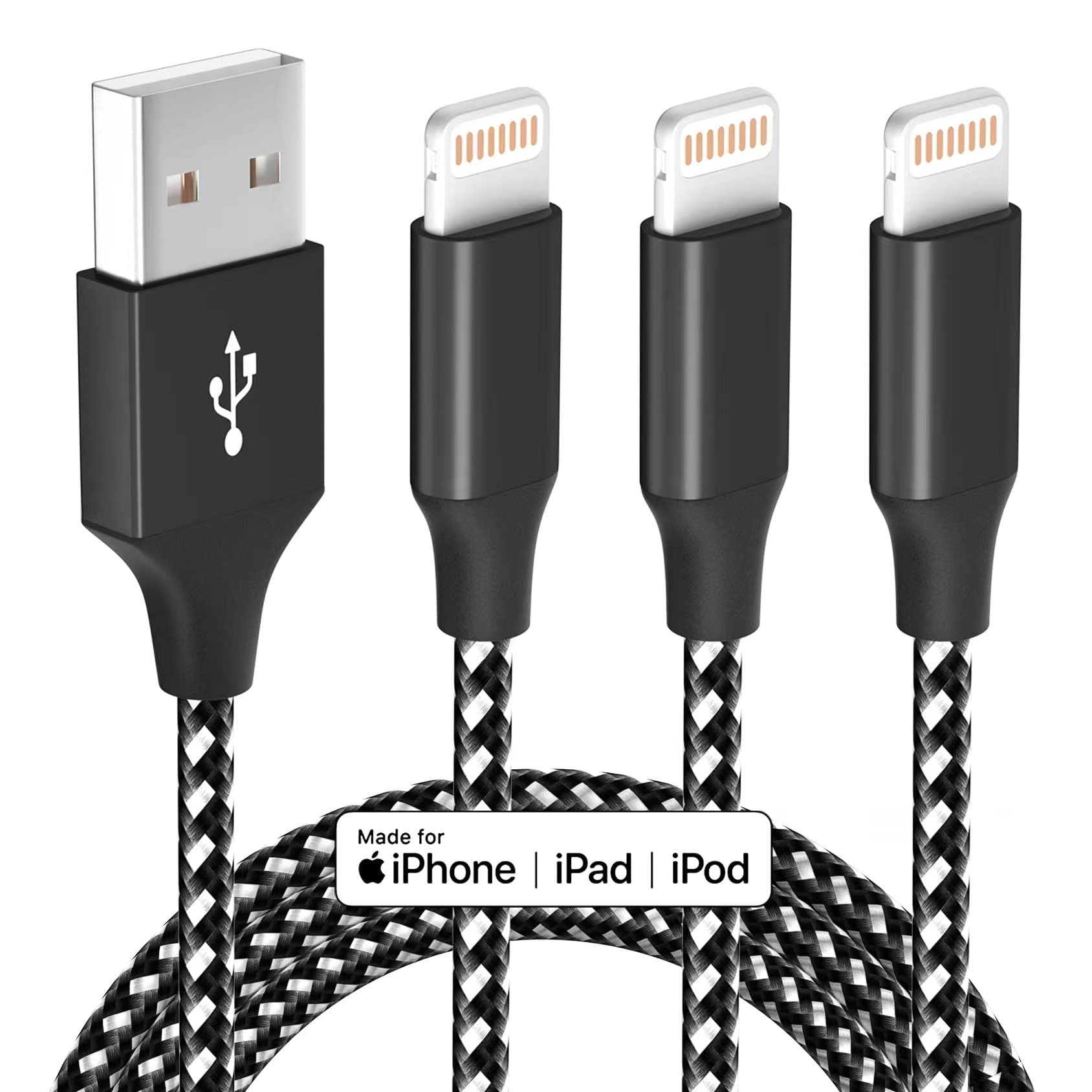 iPhone Charger Cable 3Pack 10 ft MFi Certified Lightning Cable Nylon Braided iPhone Cord Fast Charging Syncing Long Cord Compatible with iPhone 13 12 11 Pro XS Max XR X 8 and More (Blackwhite)