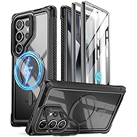 Poetic Guardian Case Compatible with Galaxy S24 Ultra 5G 6.8 inch,[Built-in Camera Stand][Screen Protector Work with Fingerprint ID] Full Body Hybrid Shockproof Rugged Clear Cover Case, Black/Clear