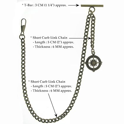 Albert Chain Pocket Watch Chains for Men Antique Brass Plating with Compass Design Medal Fob T Bar AC09
