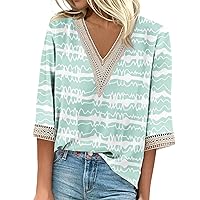 Ladies 3/4 Length Sleeve Tops Going Out Tops for Women 2024 Summer Lace Splice Striped Print Fashion Loose Fit with 3/4 Sleeve V Neck Blouses Green 3X-Large