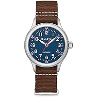 Bulova Men's Military A11 Stainless Steel 3-Hand Hack Automatic Watch, Brown Leather Strap and Blue Dial Style: 96A282