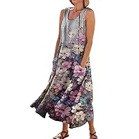 Women Summer Dress 2024 Fashion Casual Sleeveless Plus Size Dress Floral Print Loose Dresses with Pockets