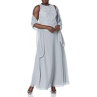 J Kara Women's Sleeveless Scallop Long Beaded Dress W/Scarf
