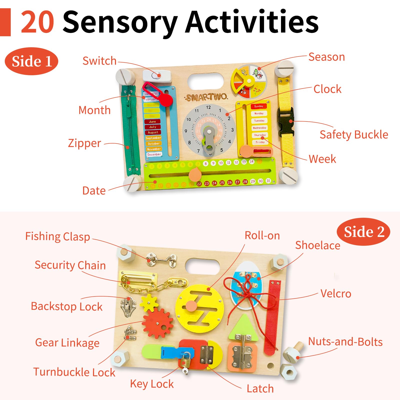 Smartwo Double-Sided Busy Board, 20+ Montessori Activities Wooden Sensory Toy for Preschool Educational Learning, Train Kid’s Fine Motor, Concentration, and Life Skill Abilities