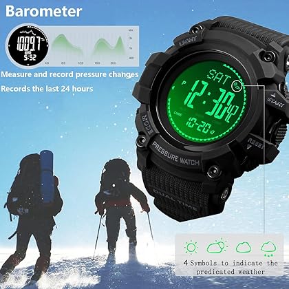 AOSLSI Watch Compass, Altimeter Barometer Thermometer Temperature, Pedometer Watch, Military Army Waterproof Outdoors Sport Digital Watch for Men
