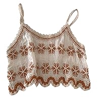 Women Cotton Linen Knit Camisole, Embroidery Heart Spaghetti Strap Crop Top