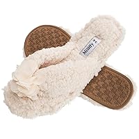 Millffy Plush Cozy Faux Shearling Thong Slide On Sherpa Womens Flip-Flops Slippers with Flowers