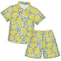 visesunny Toddler Boys 2 Piece Outfit Button Down Shirt and Short Sets Lemon Flower Dot Boy Summer Outfits