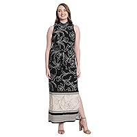 London Times Women's Floral Tie Waist Mock Neck Maxi with Border Print Hem