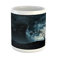 Lunarable Fantasy Mug, Night Moon Sky with Tree Silhouette Gothic Halloween Colors Scary Background, Ceramic Coffee Mug Cup for Water Tea Drinks, 11 oz, Dark Blue