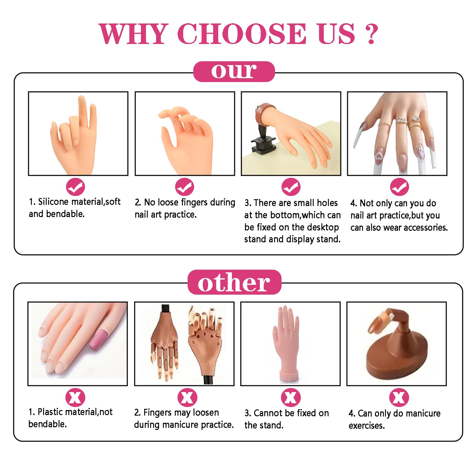 Fushen Acrylic Nail Practice Hand Silicon Nail Hand Practice Mannequin Hand  Fake Hand Nails Practice Nail Tech Training Hand Manicure Hand Practice for  Acrylic(Nude)
