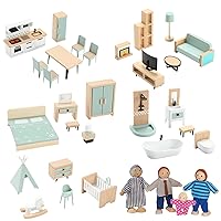 Wooden Dollhouse Furniture Set, 36pcs Furnitures with 4 Family Dolls, Dollhouse Accessories Pretend Play Furniture Toys for Boys Girls & Toddlers 3Y+
